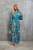 Women Printed Single-Breasted Lace-Up Waist Lantern Sleeve Dress
