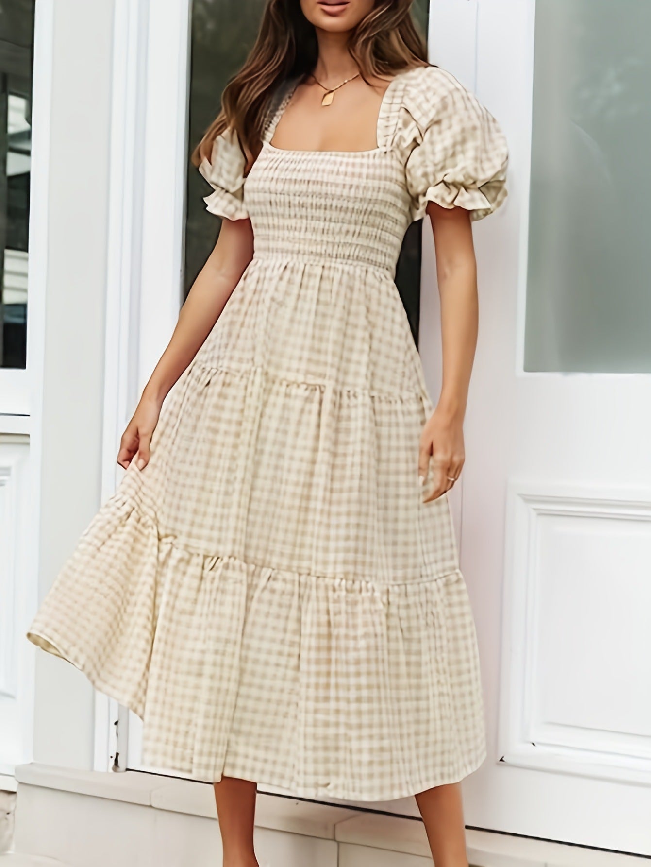 Ladies Plaid Bubble Sleeve Dress