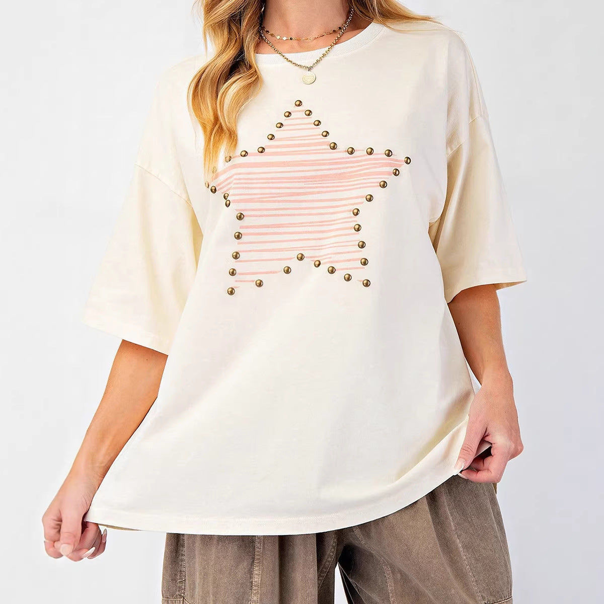 Womens Patchwork Printed T-Shirt Crew Neck Top