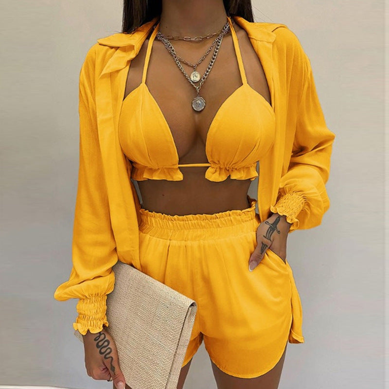 Sexy Beach Vacation Style Printed Shorts Three-piece Set
