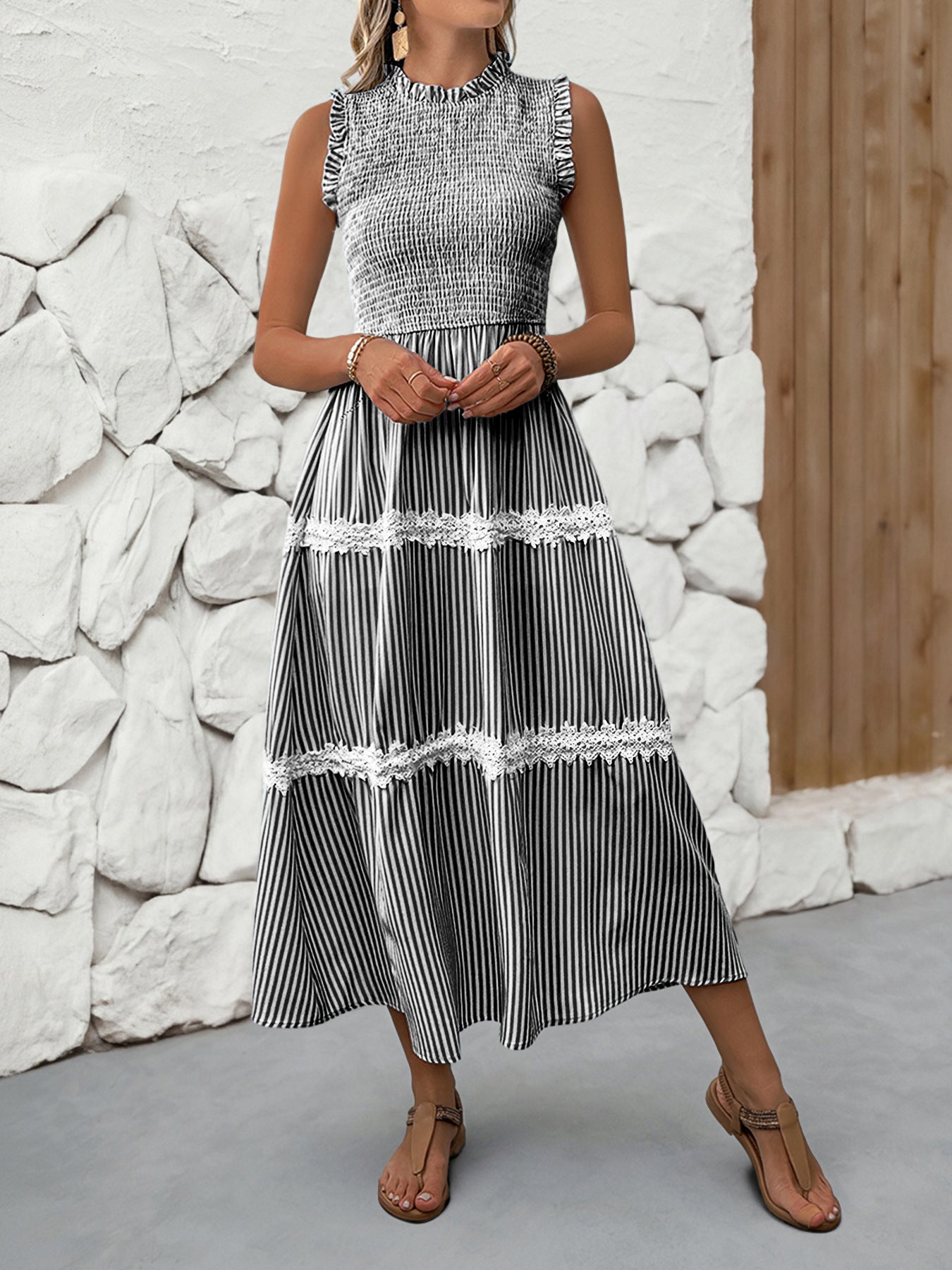 Casual Women's Lace Sleeveless Striped Dress