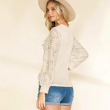 Womens Casual Crochet Top Mesh Lace Long Sleeve Shirts