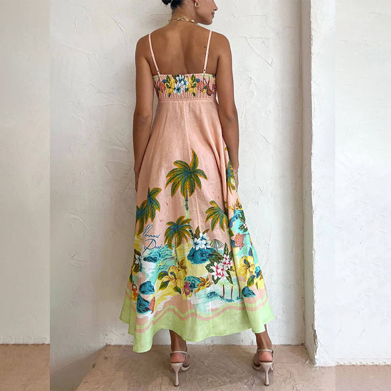 Elegant Printed High Waist Suspender Dress Long Dress