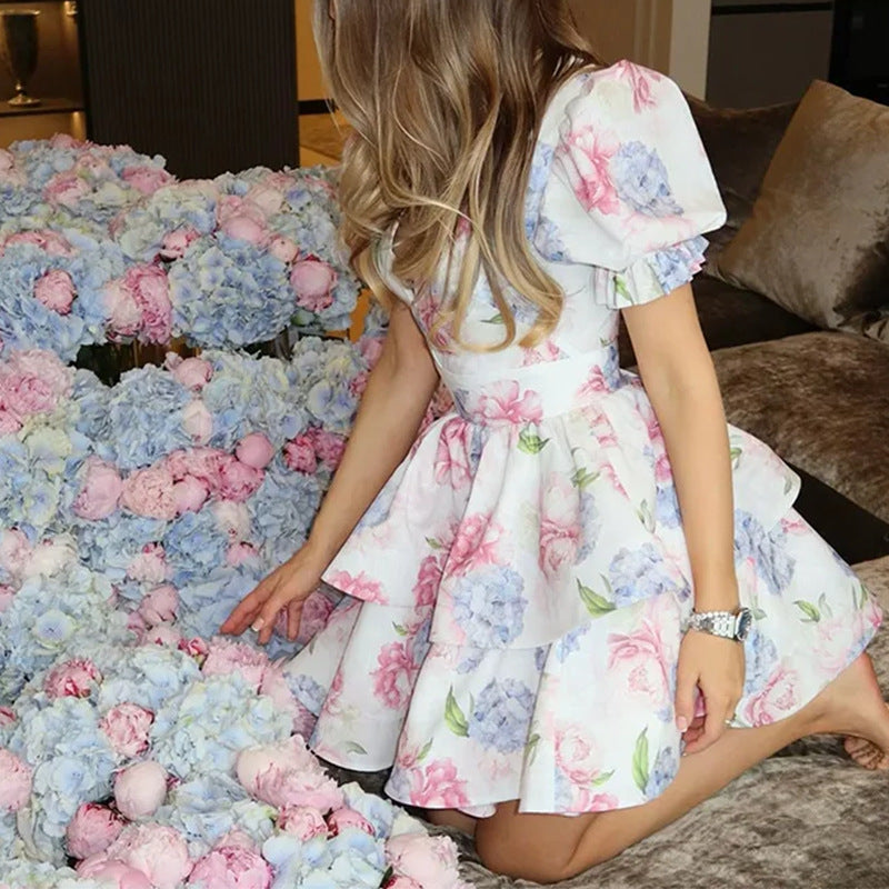 Women's Fashion Sexy V-neck Print Ruffle Dress