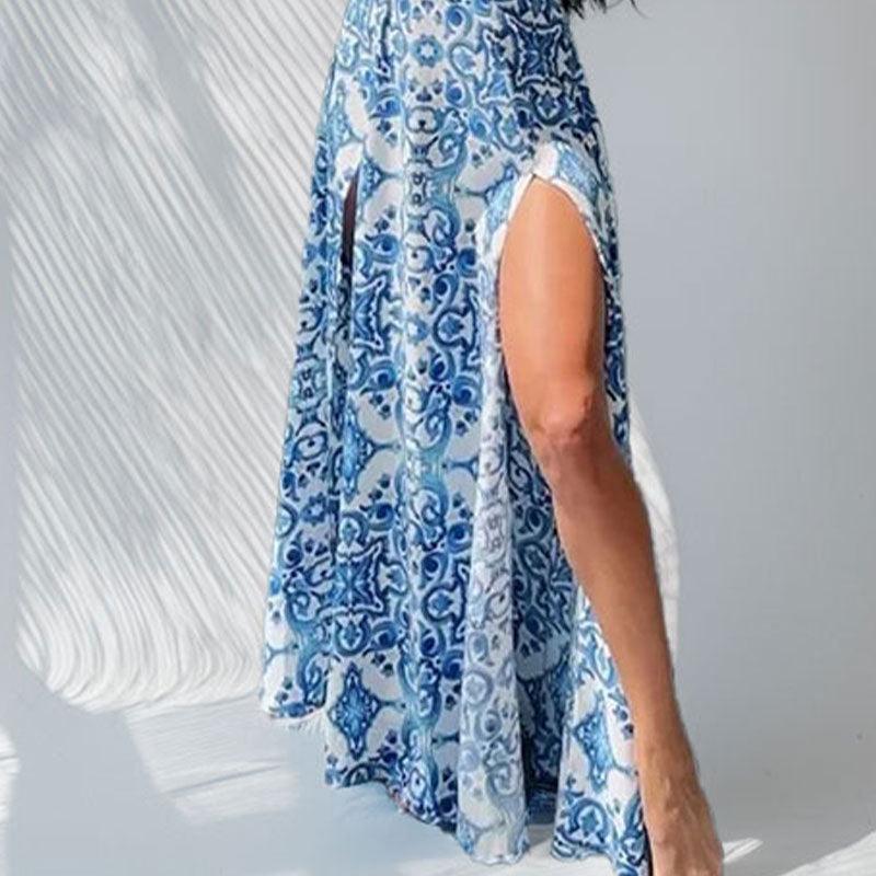Women Sexy Printed V-Neck Suspender Dress Long Dress