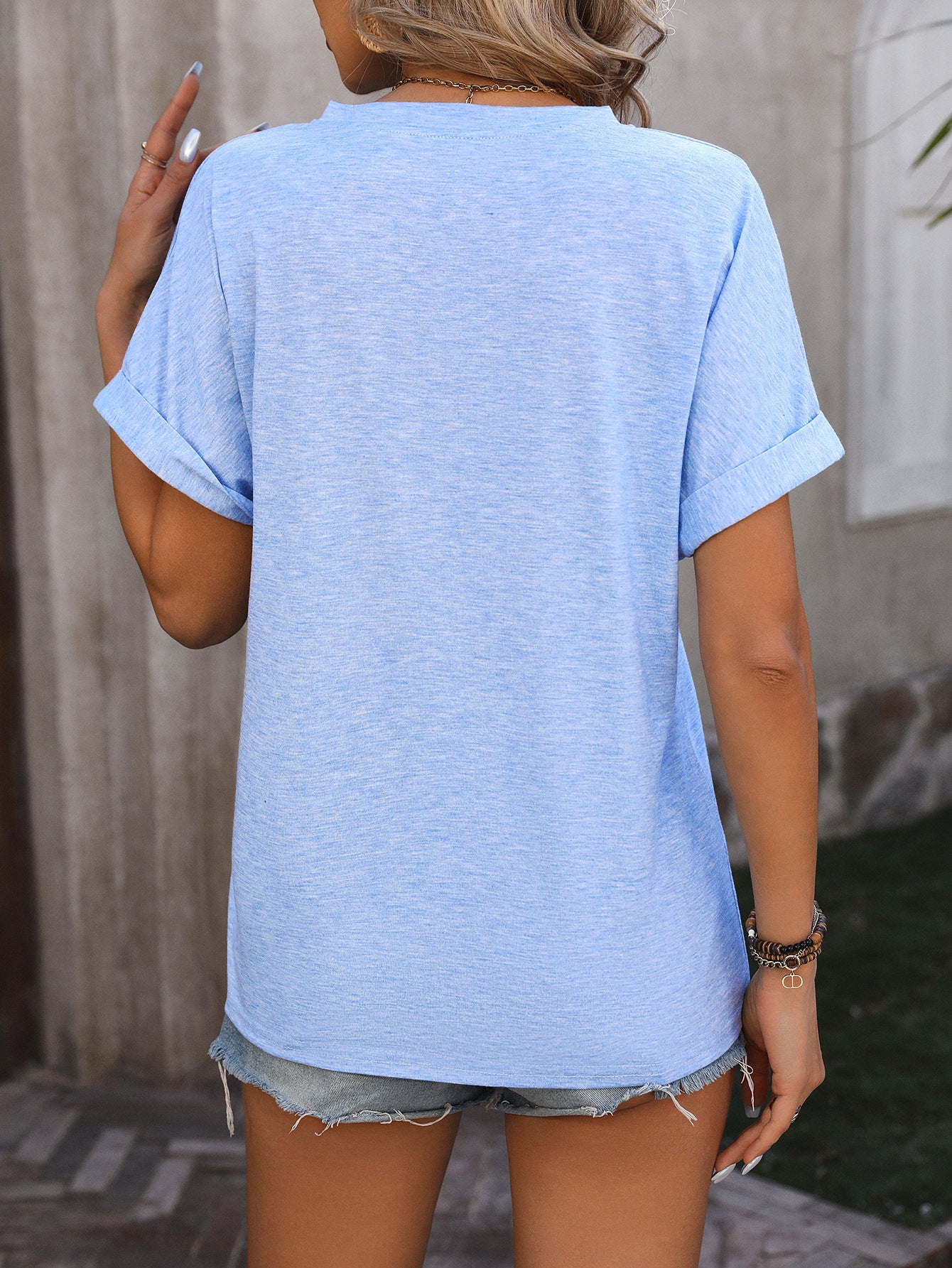 Summer V-neck Button Solid Color Cotton Loose Short-sleeved T-shirt Women