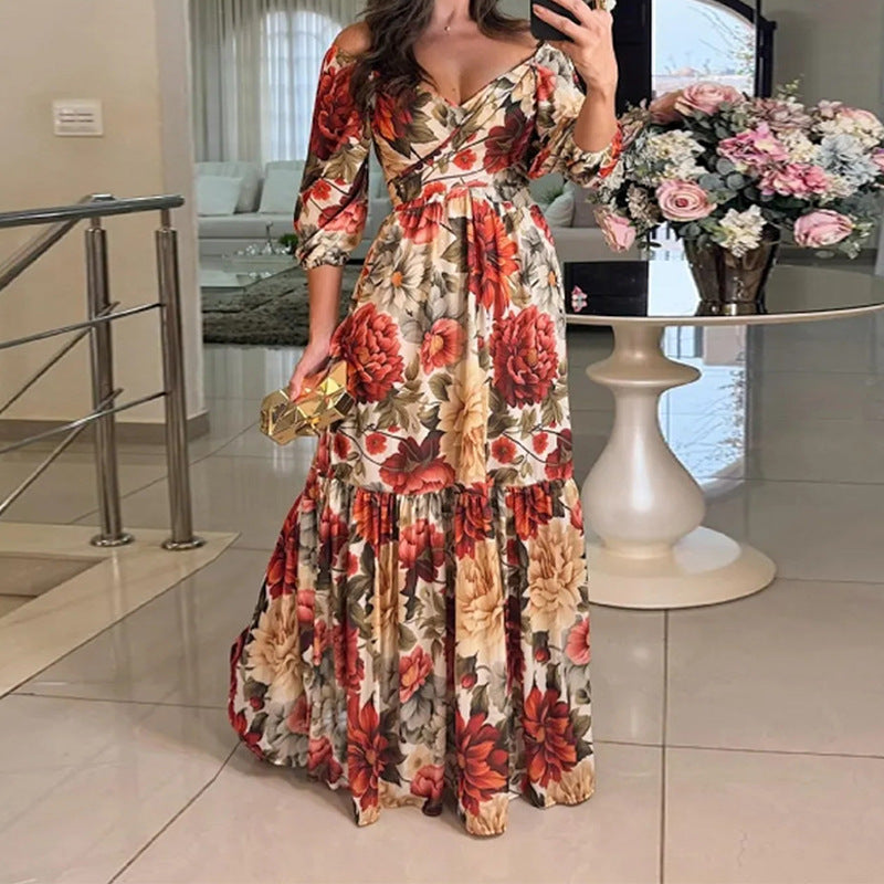Women V-Neck Printed Lace-Up Dress Long Dress