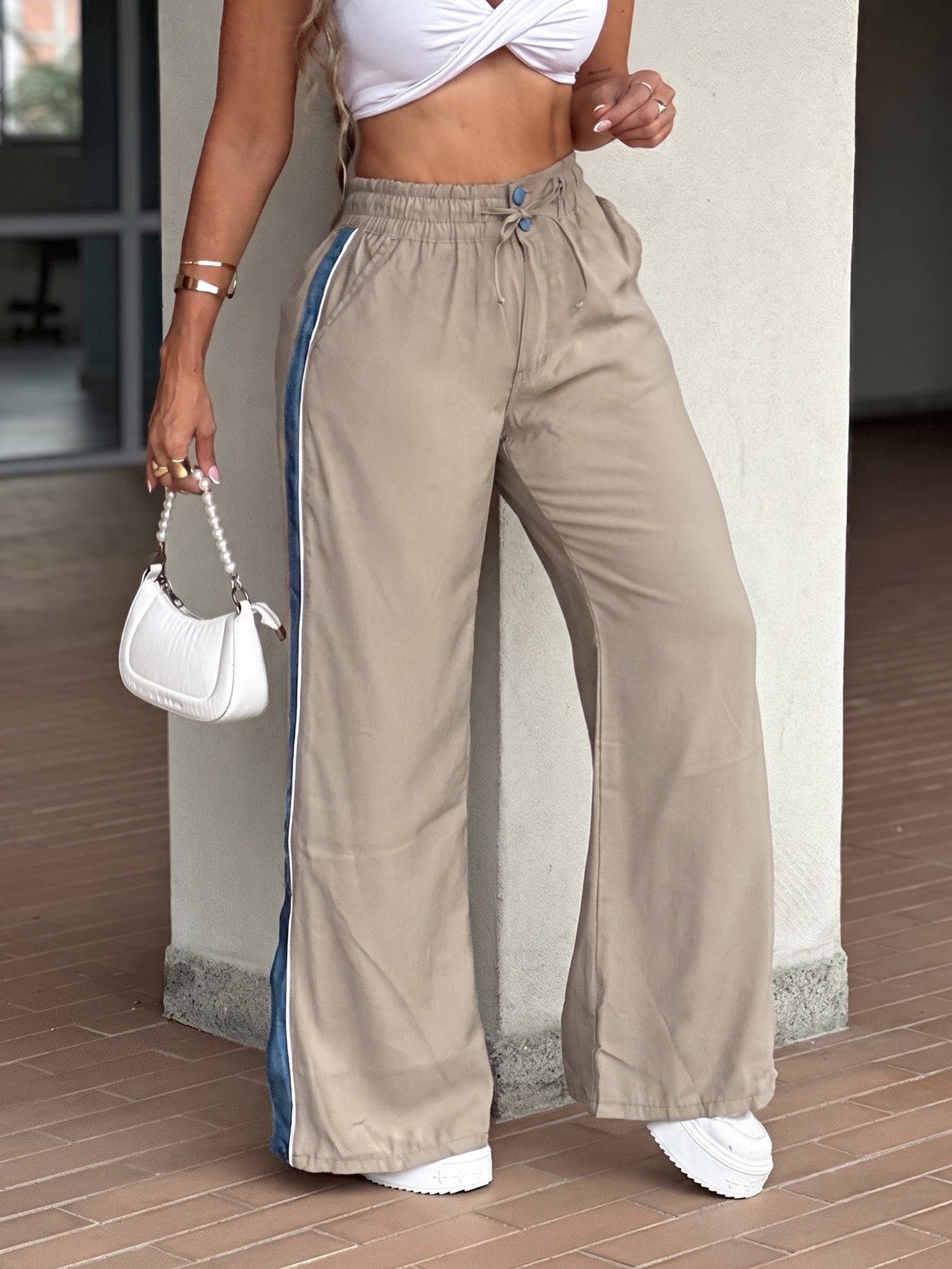 Women Contrast Drawstring Wide Leg Bottom