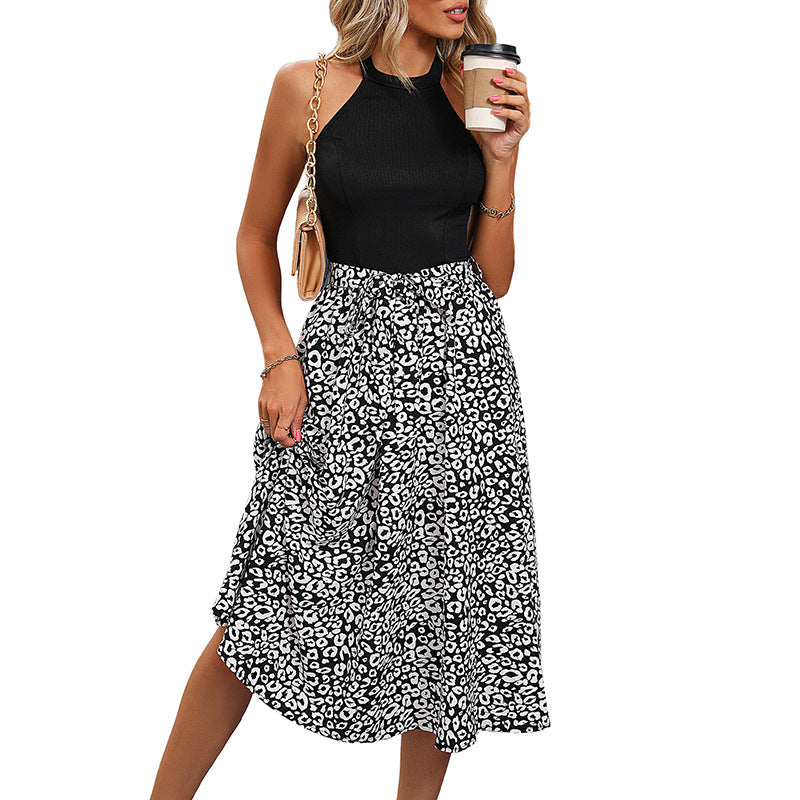 Casual Neck Skirt Leopard Print Contrasting Dress