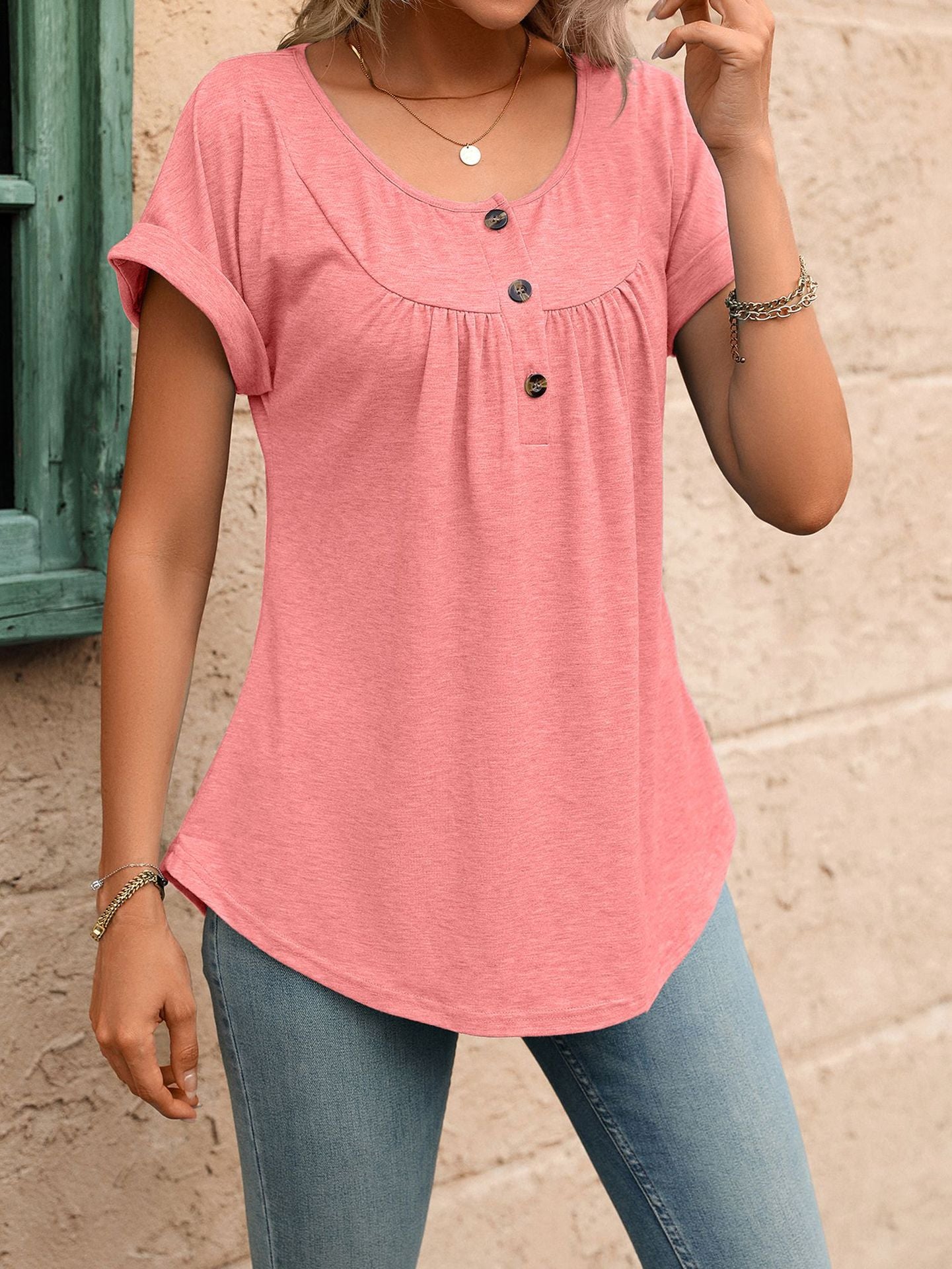 Women Solid Color Crew Neck Button Short Sleeve T-Shirt