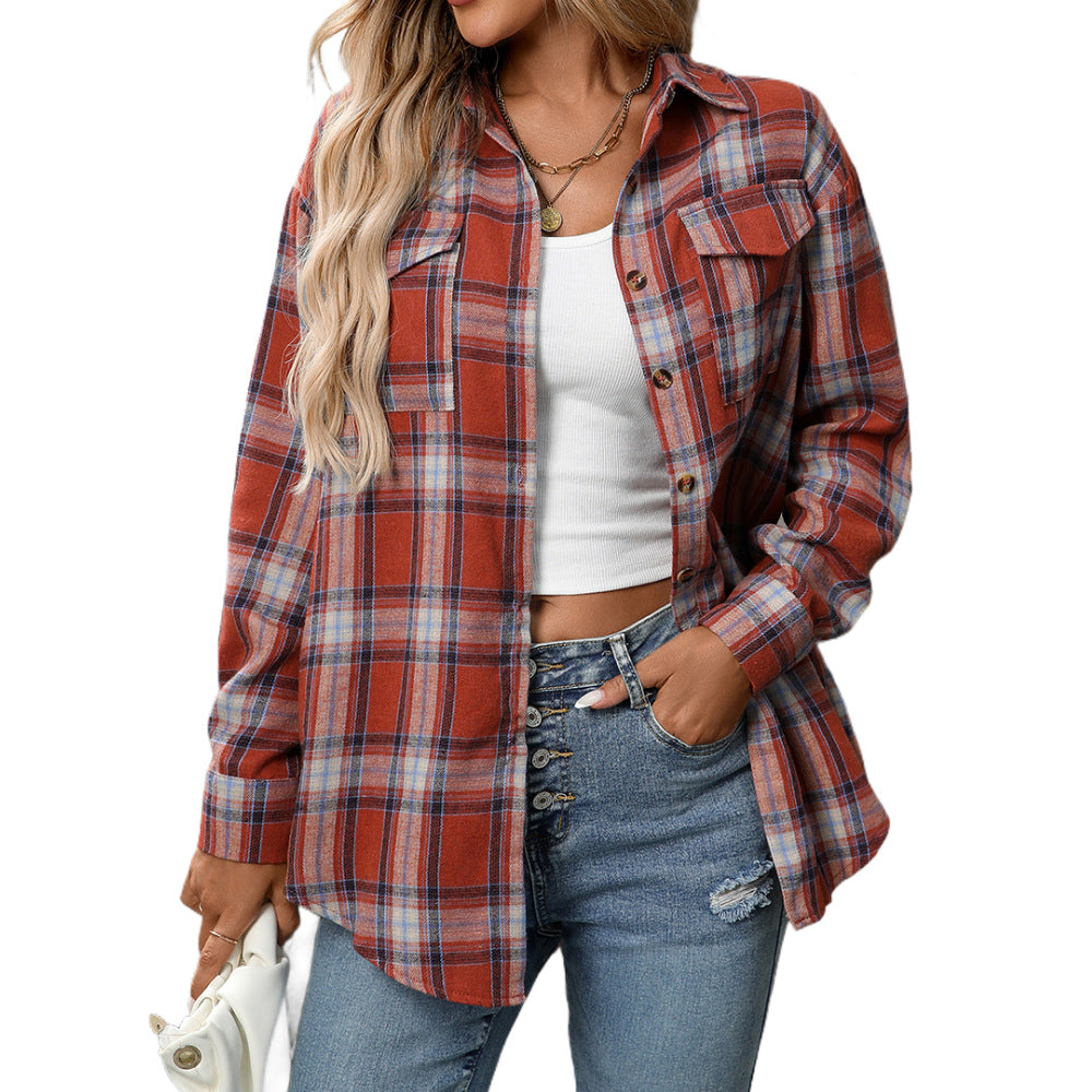 Casual Fashion Loose Plaid Pocket Shirt Women