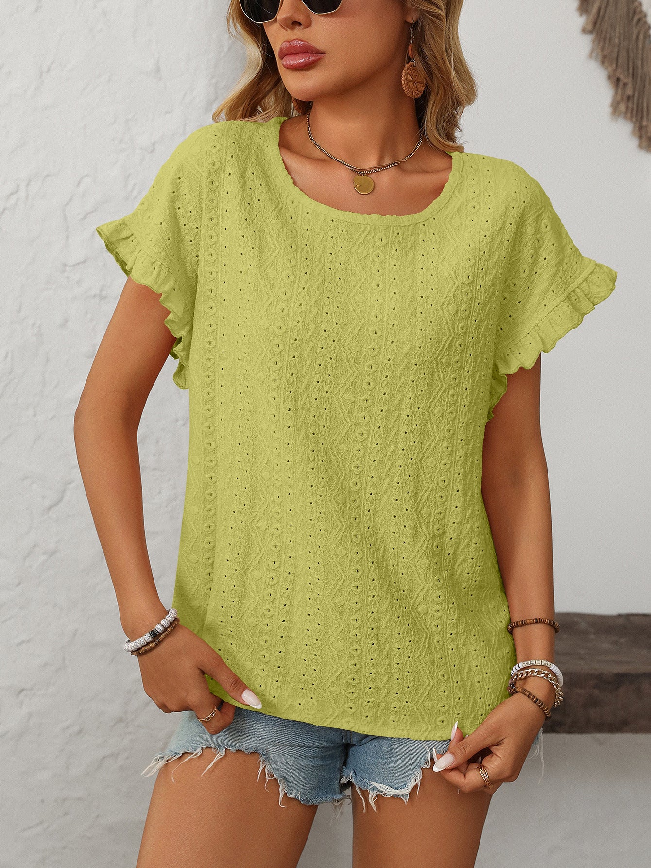 Solid Color Crew Neck Sweet Short-sleeved T-shirt Hollow Top