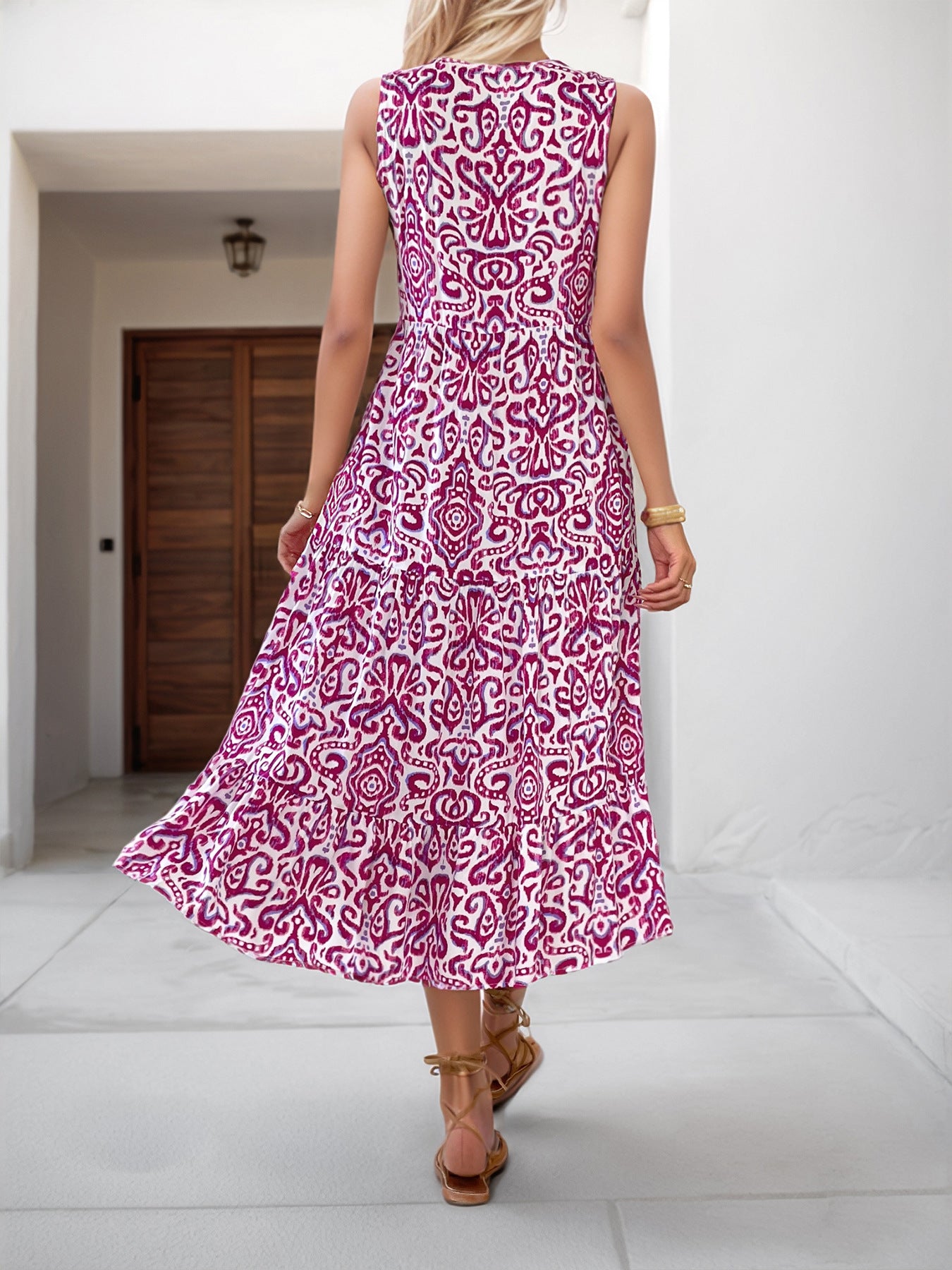 Women Sleeveless V-neck Print Dress