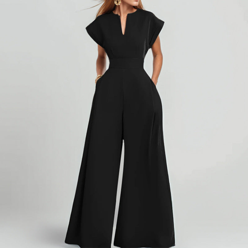 Women's Fashion V-neck Solid Color Slim-fit Wide-leg Jumpsuit