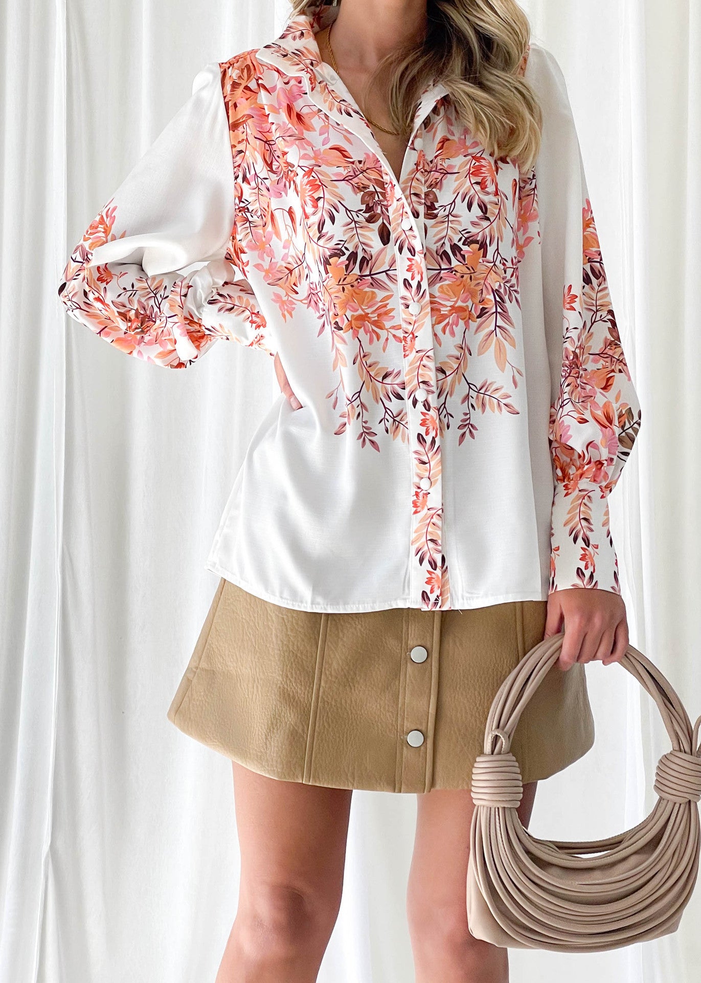 Women's Printed V-Neck Long Sleeve Single-Breasted Blouse