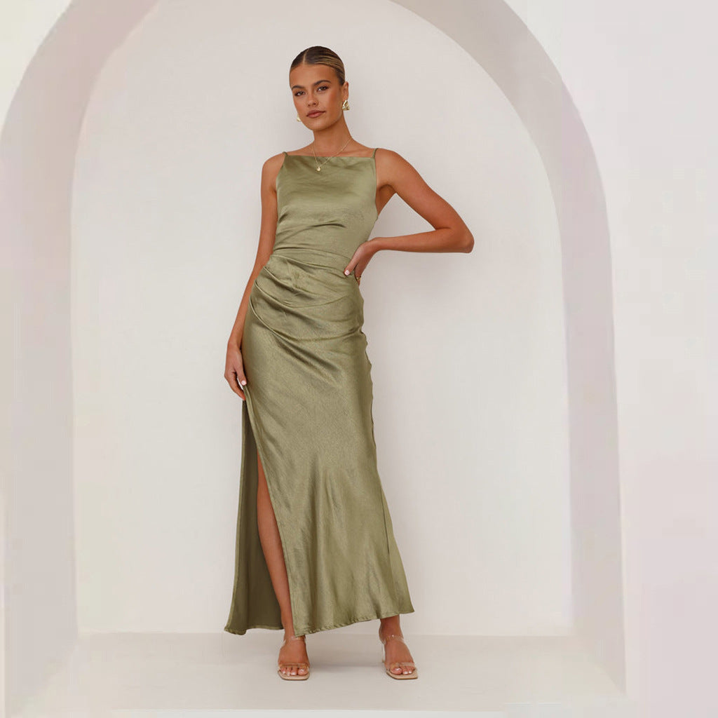 Women Solid Color Sexy Halter Split Medium and Long Sleeveless Dress