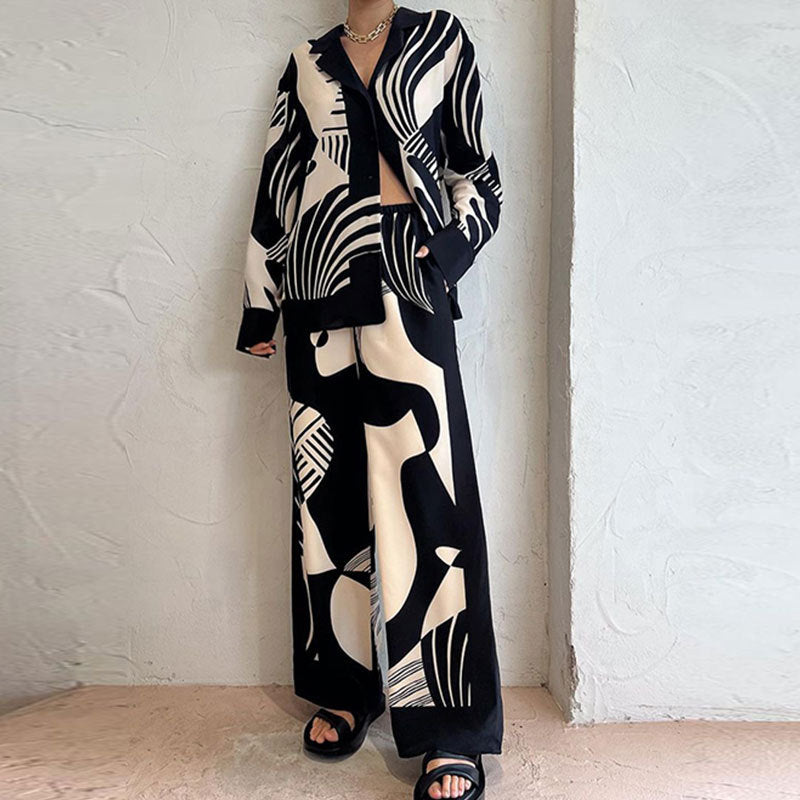 Women's Printed Button Blouse Pants Set