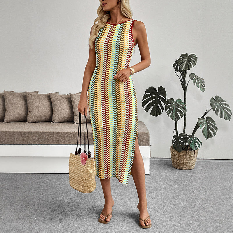 Women's Long Dress Sleeveless Striped Slim-fitting Dress