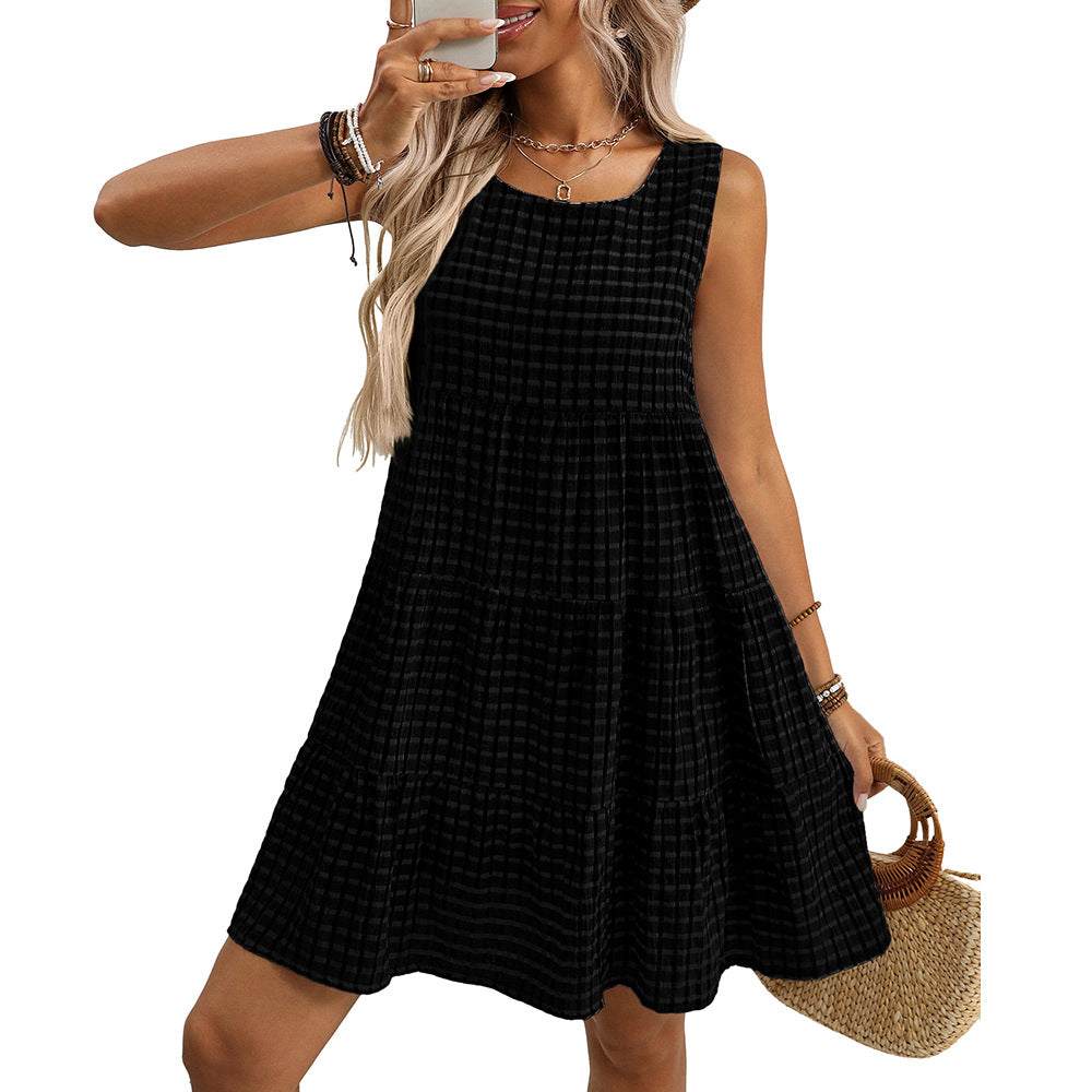 Women's Loose Casual Flowing Sleeveless Plaid Dress