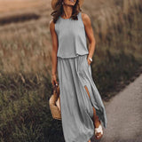 Solid Color Round Neck Sleeveless Lantern Split Dress