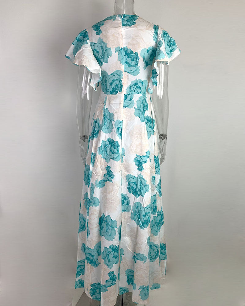 Women's Elegant V-neck Slim-fitting Flower Print Dress