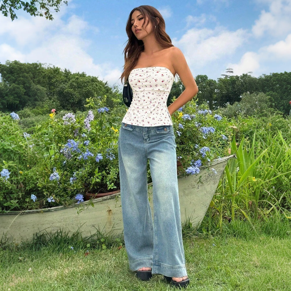 Women T-shirt Short Floral Tube Top