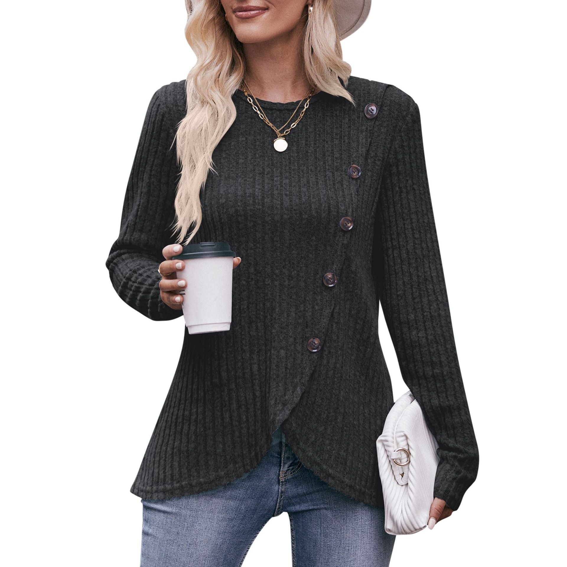 Women's Crew Neck Bottom Solid Color Button T-Shirt