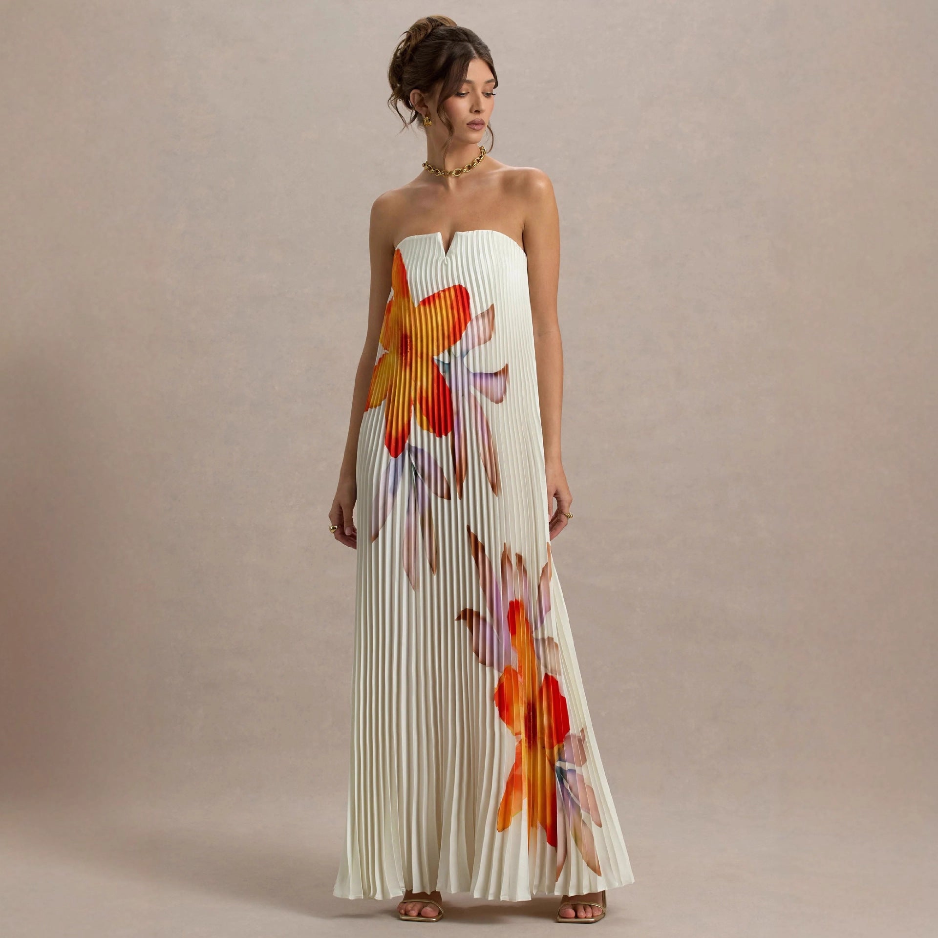 Women Printed Tubular Loose Pleated Long Dress