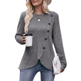 Women's Crew Neck Bottom Solid Color Button T-Shirt