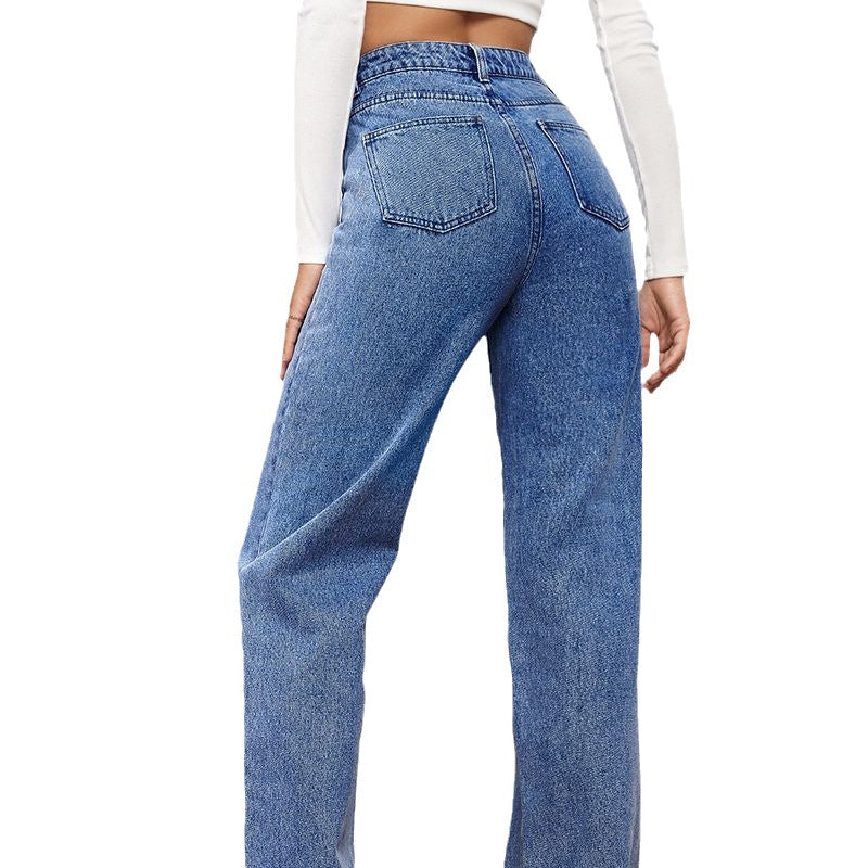 Women Stretch Washed Denim Fashion Straight Pants Long High Waist Jeans