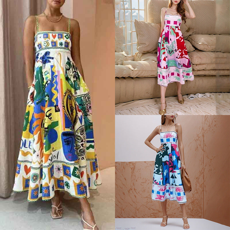 Elegant Printed High Waist Suspender Dress Long Dress