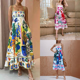 Elegant Printed High Waist Suspender Dress Long Dress