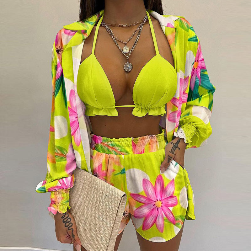 Sexy Beach Vacation Style Printed Shorts Three-piece Set