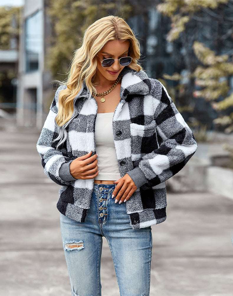Womens Casual Plaid Shackets Brushed Flannel Button Down Pocketed Shirt Jacket Coats