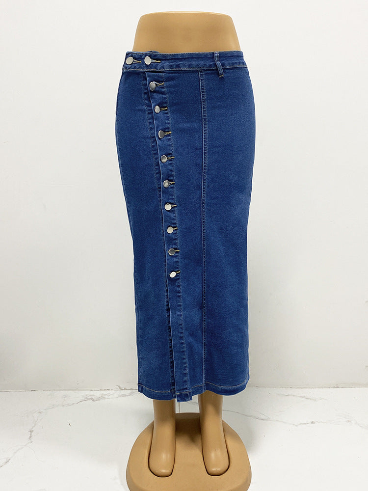 Women's Button Irregularly Split Denim Skirt