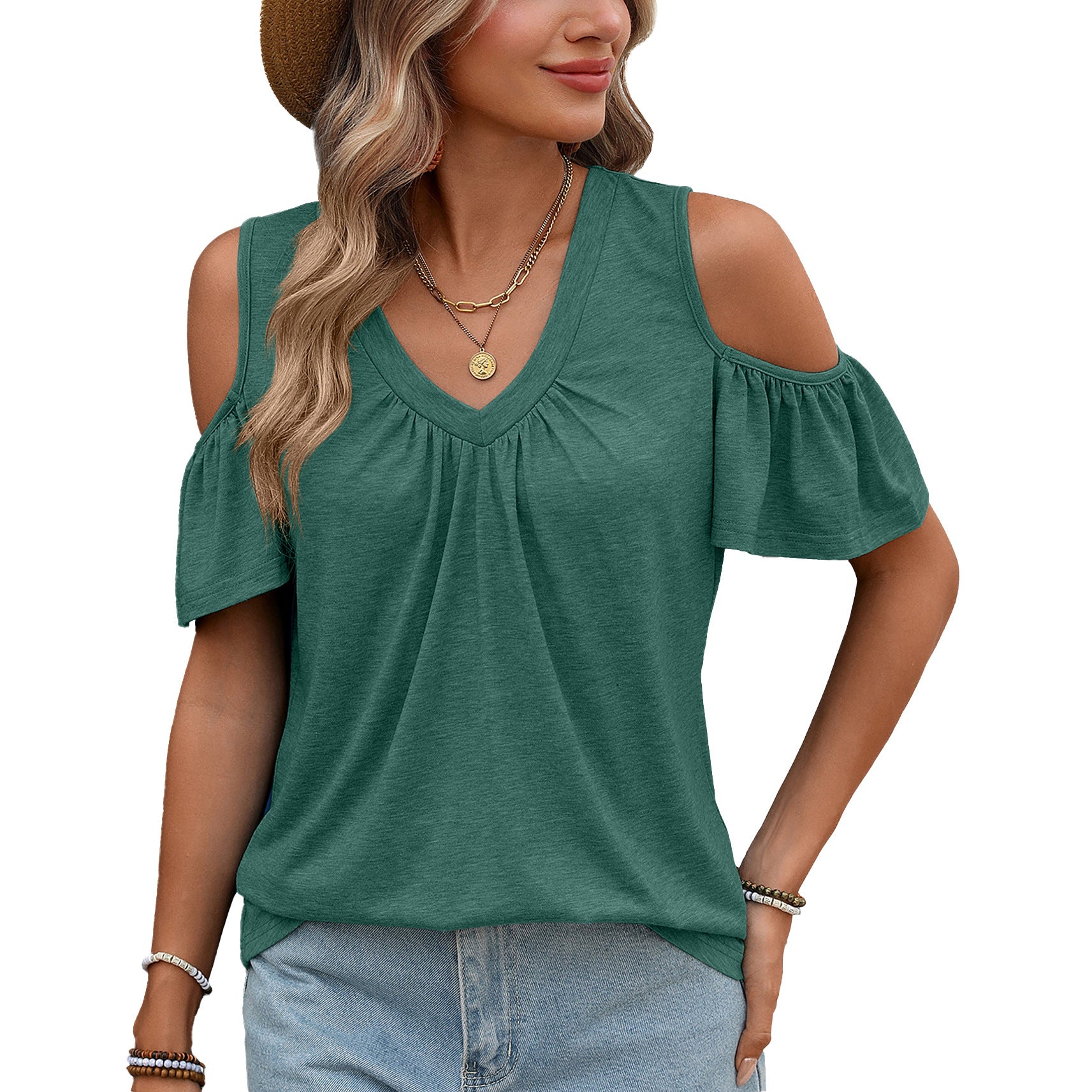 Women Solid Color V-Neck Off-Shoulder Short Sleeve T-Shirt Top