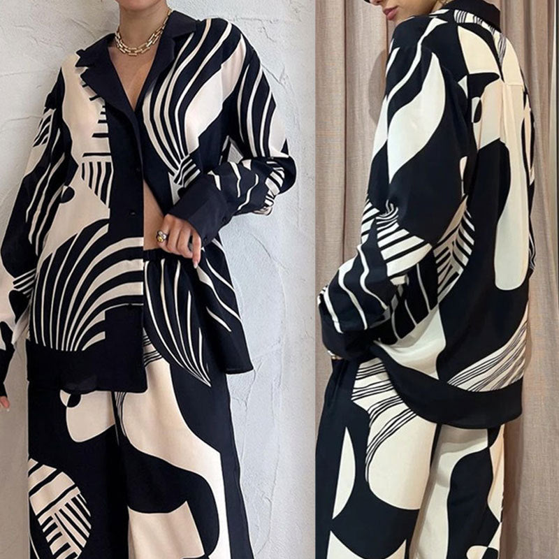 Women's Printed Button Blouse Pants Set