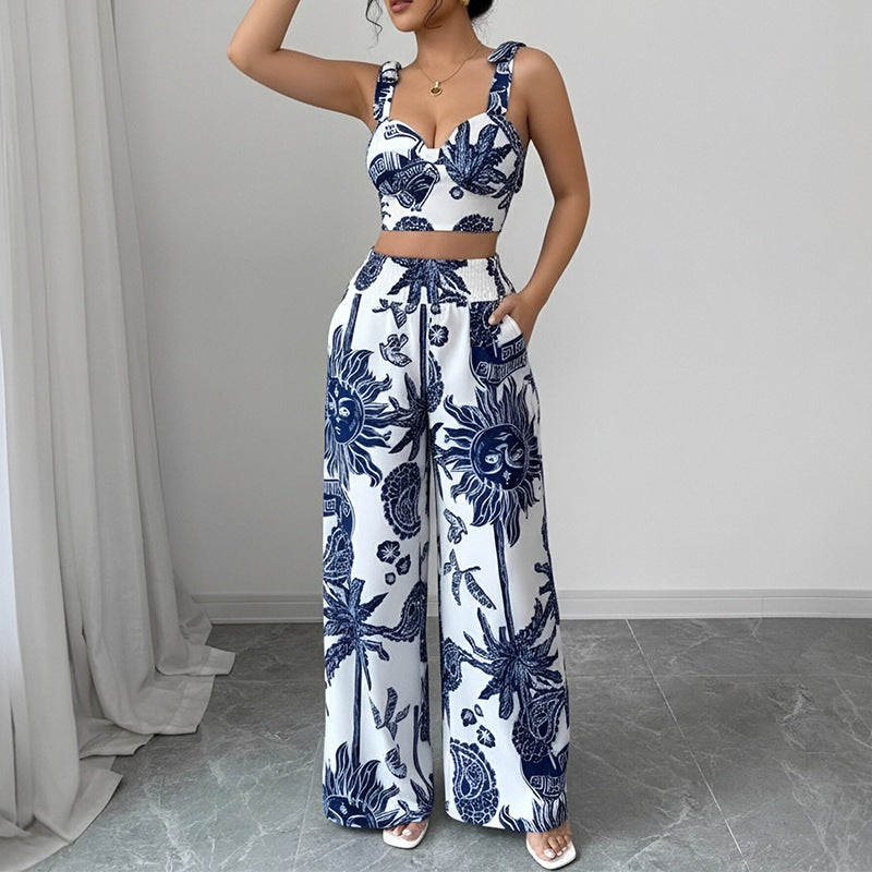 Womens Casual Vacation Plant Printed Tank Top Wide Leg Pants Set