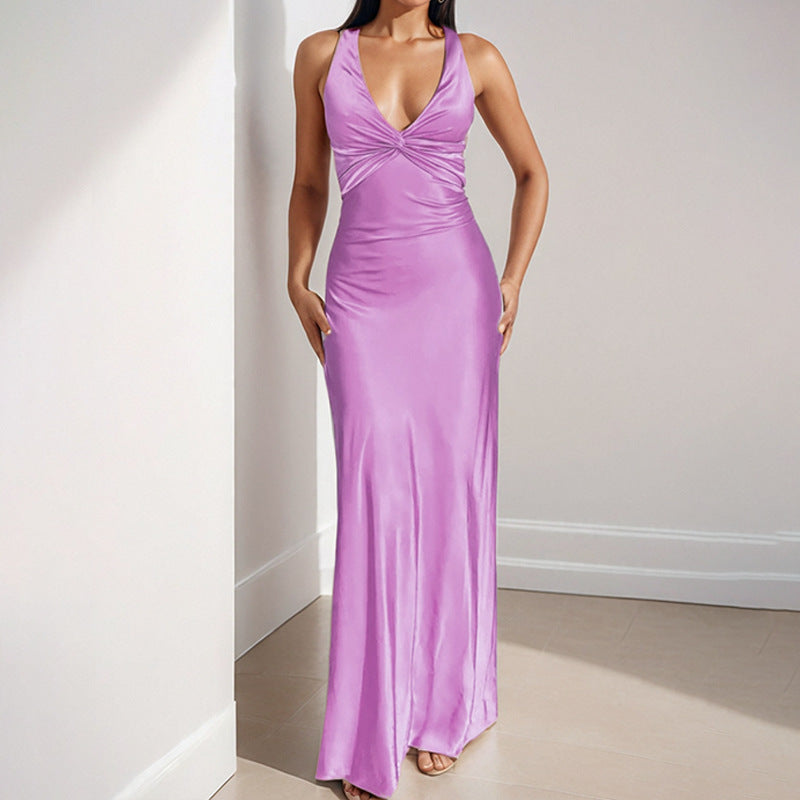 Women's Elegant Sexy Solid Color V-neck Pleated Slim Dress