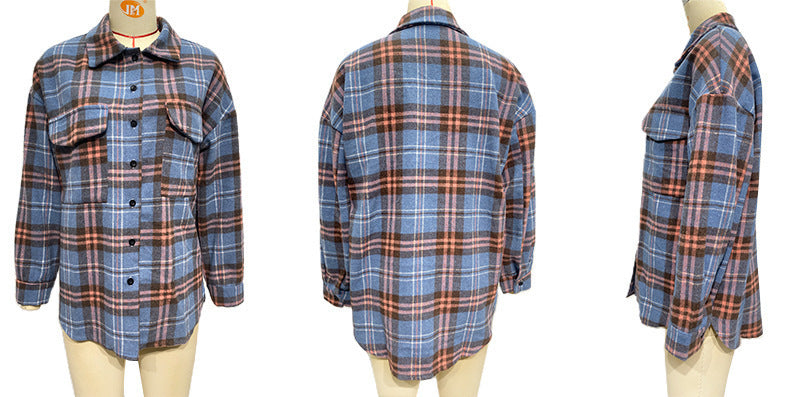 Women Casual Fashion Single-breasted Plaid Loose Wool Jacket