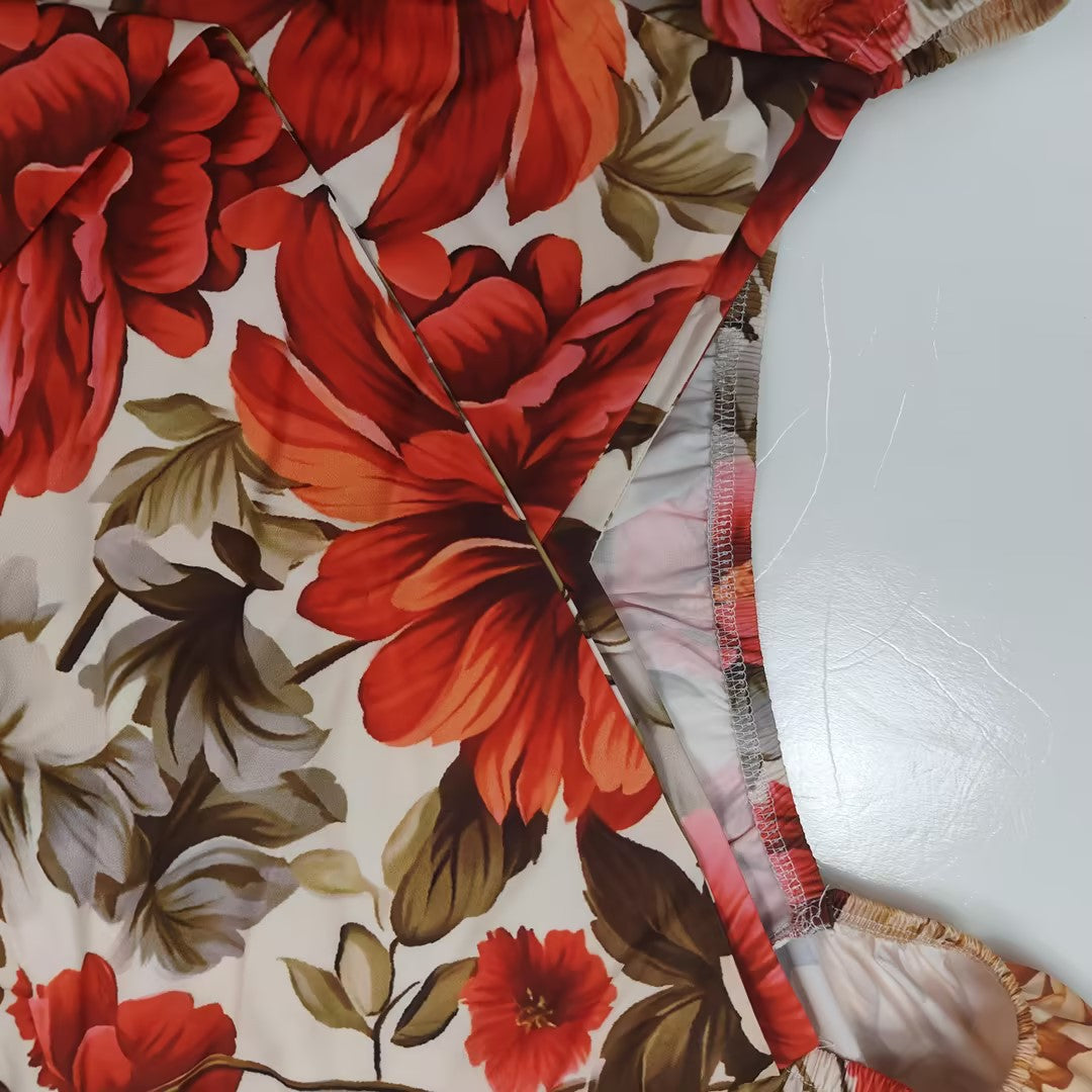 Women V-Neck Printed Lace-Up Dress Long Dress