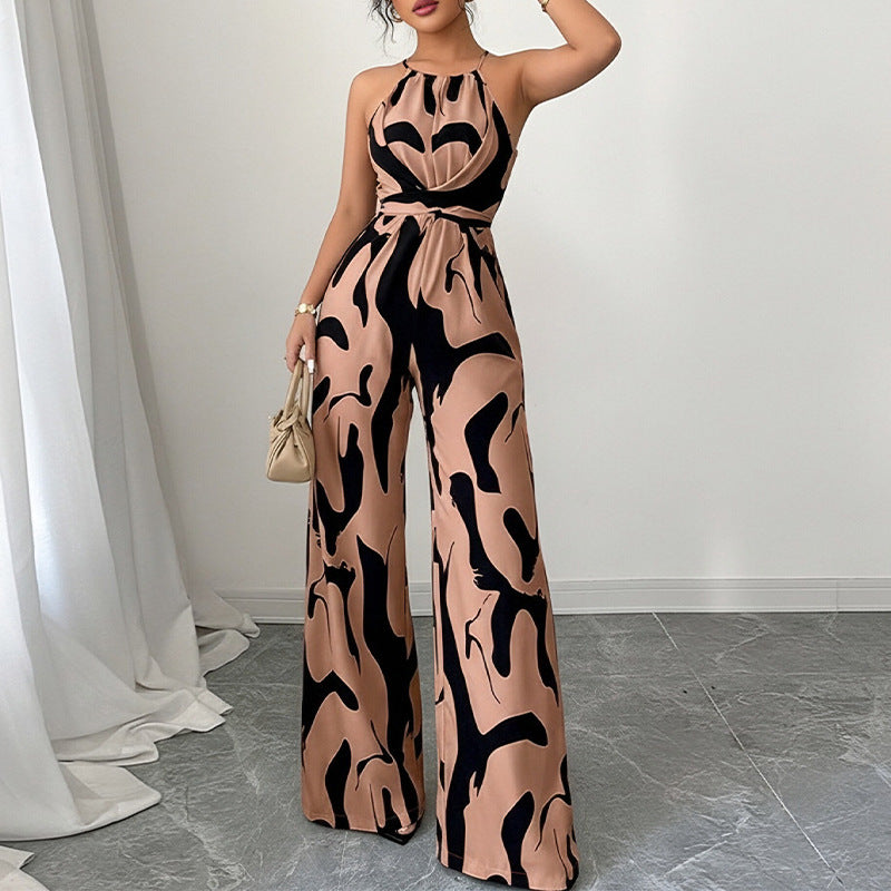 Women Crew Neck Printed Sleeveless Jumpsuit