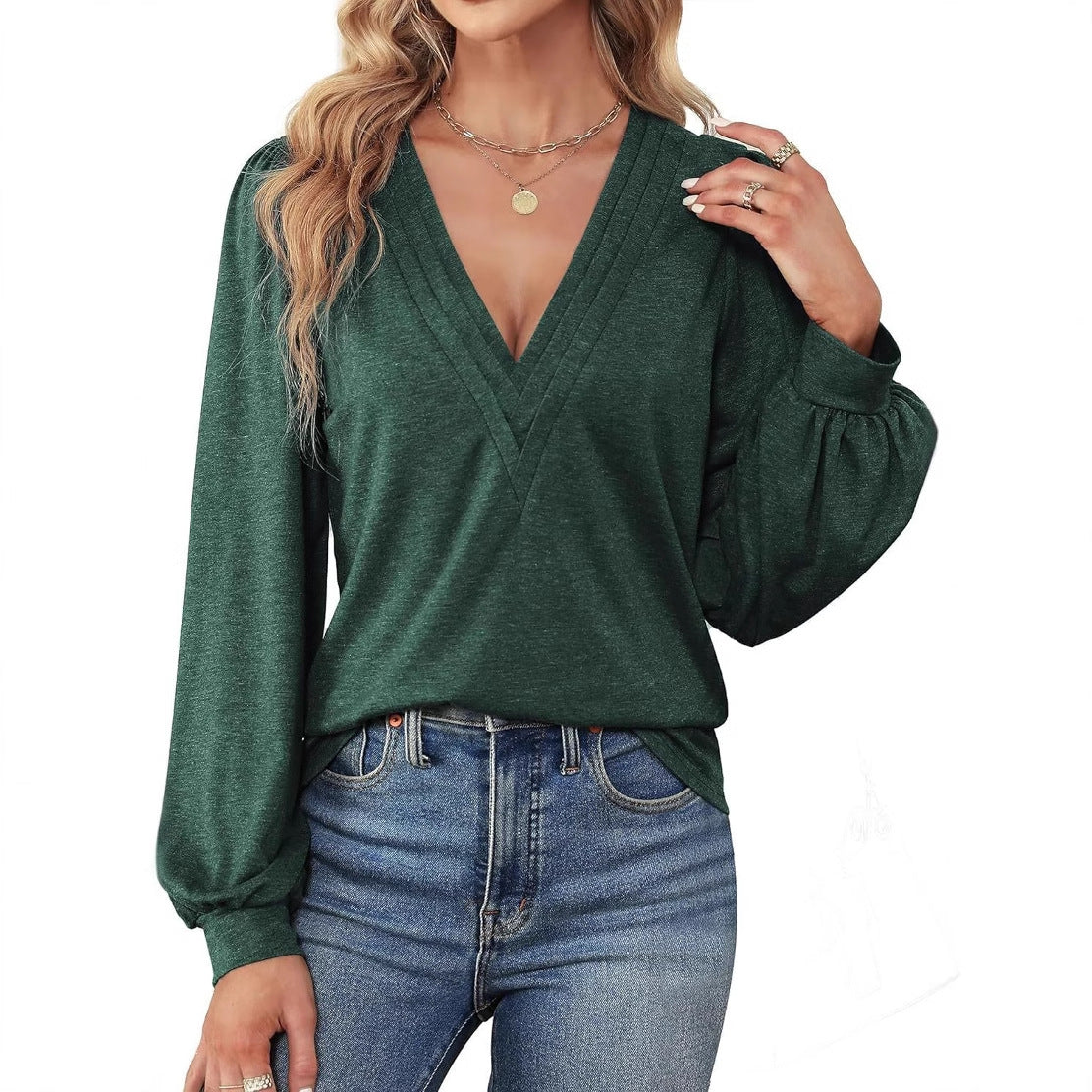 Women's Shirt V-Neck Loose Casual Long Sleeve Top