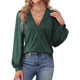 Women's Shirt V-Neck Loose Casual Long Sleeve Top