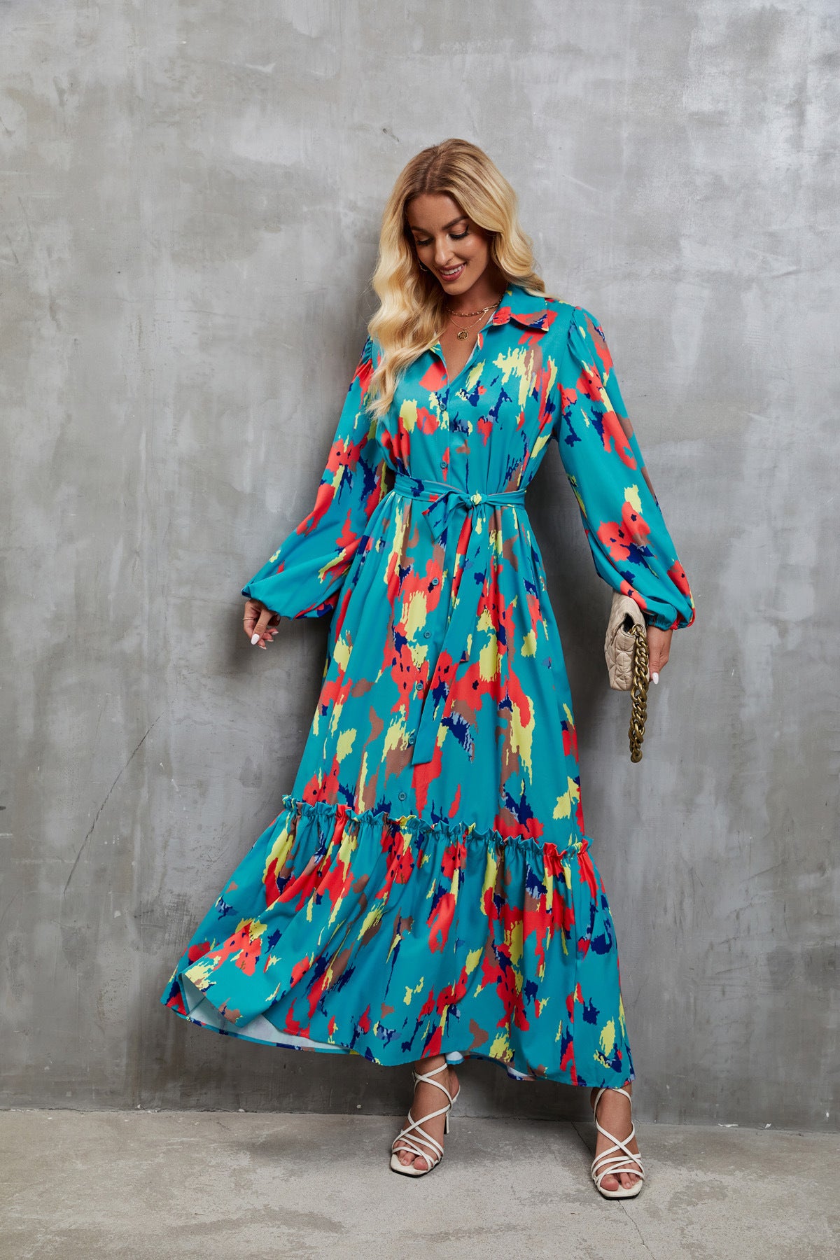 Women Printed Single-Breasted Lace-Up Waist Lantern Sleeve Dress