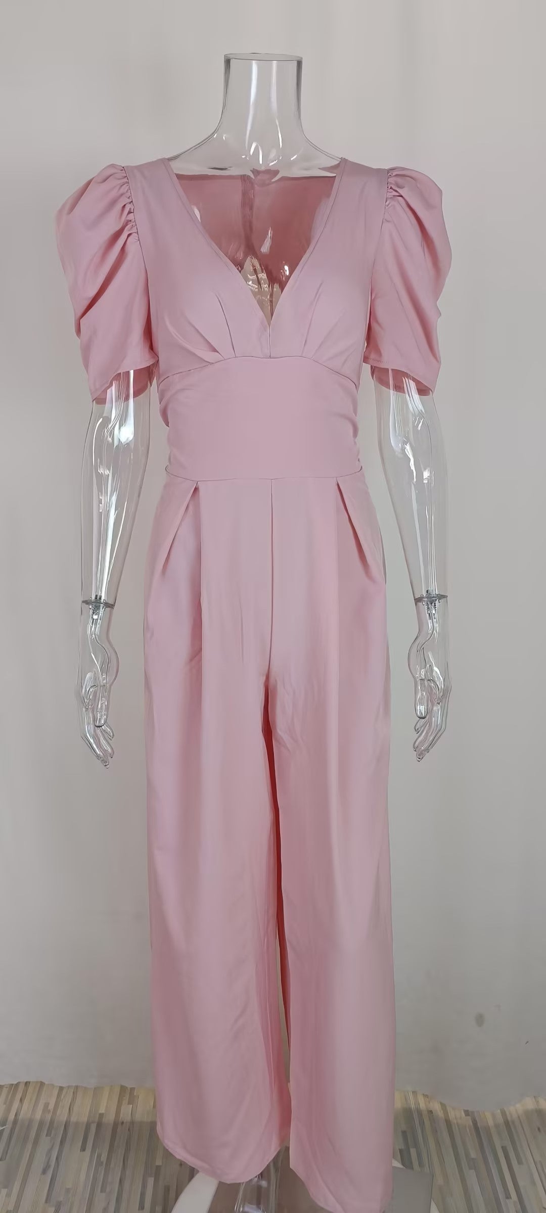 Women's Solid Color Slim-Fit Short Sleeve Wide Leg Jumpsuit