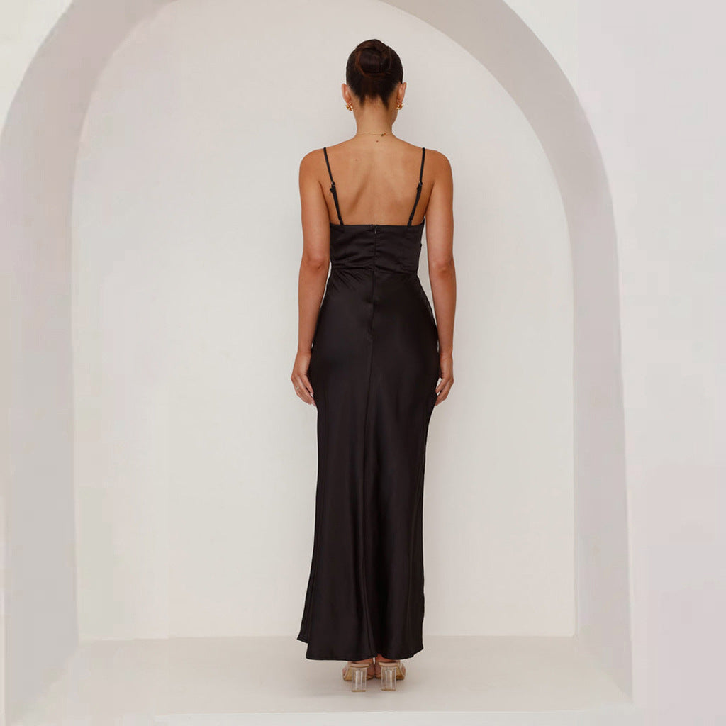 Women Solid Color Sexy Halter Split Medium and Long Sleeveless Dress