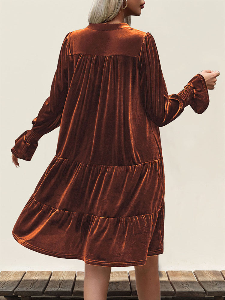 Woemn Long Sleeve Solid Color Velvet Dress