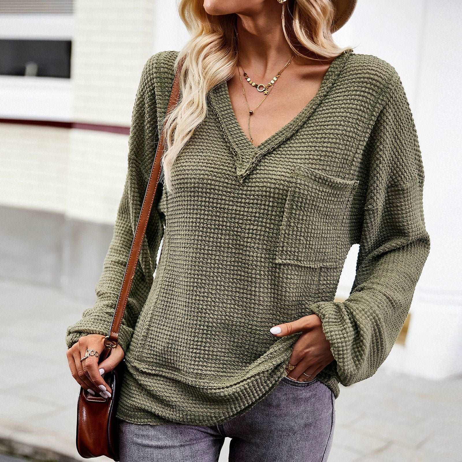 Women's Casual V Neck Ribbed Knitted Shirts Pullover Tunic Tops Loose Balloon Sleeve Solid Color Blouses Top