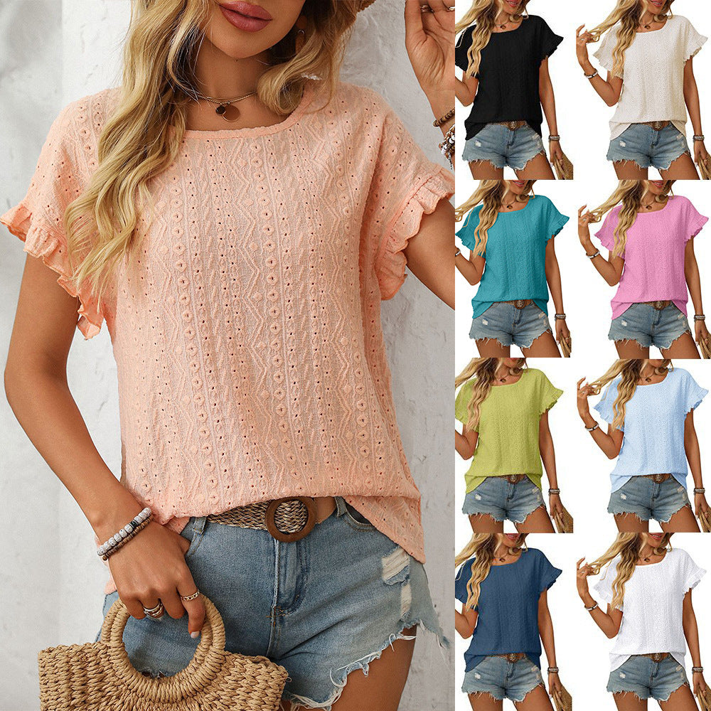 Solid Color Crew Neck Sweet Short-sleeved T-shirt Hollow Top